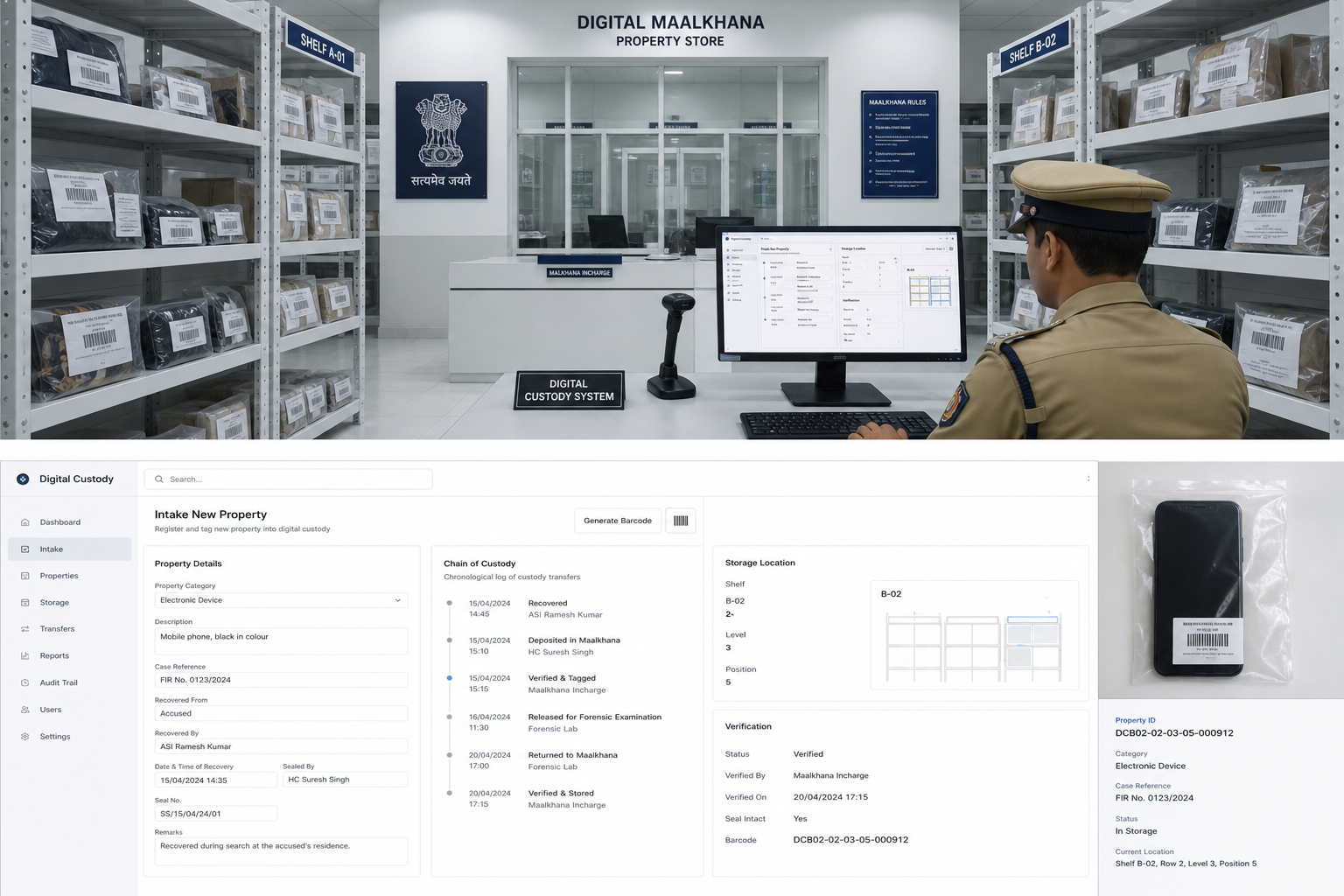Digital maalkhana with tagged property and chain-of-custody console