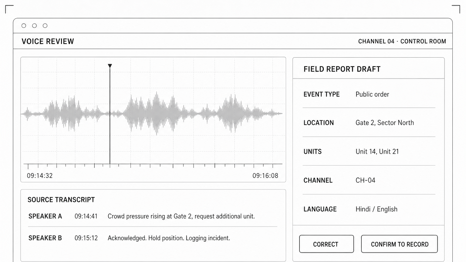 Voice review console with source-linked transcript
